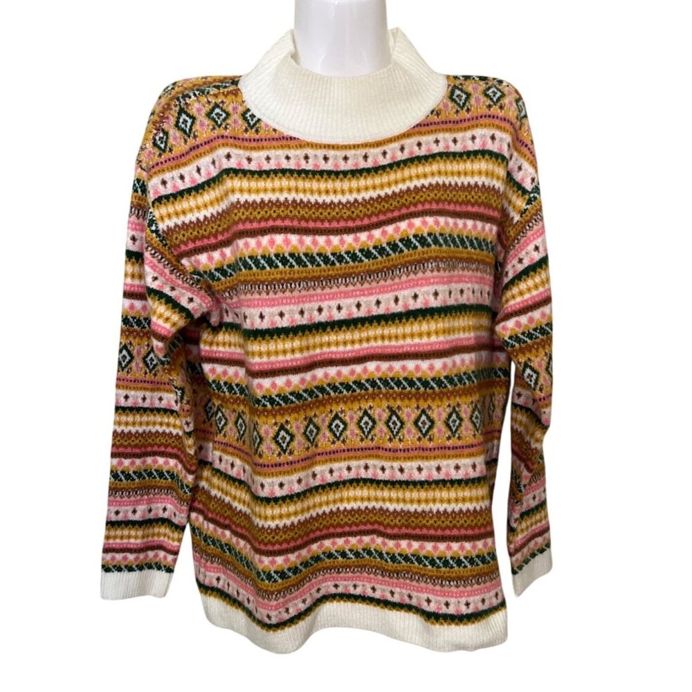 Talbots Striped Fair Isle Knit Sweater M Multicolor Mock Neck Soft Winter